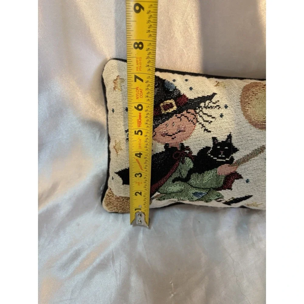 Witch Halloween Broom Rides Tapestry Accent Pillow Cat Moon Bat